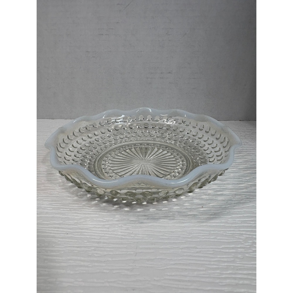Vintage Fenton Opalescent Ruffled Hobnail Glass Bowl Clear 6 Inch Dish S0174
